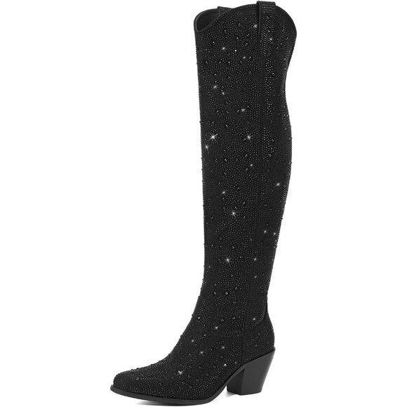 Women's Black Rhinestone Sparkly Over Knee Pointed Toe Chunky High Heel Boots - Picture 1 of 6
